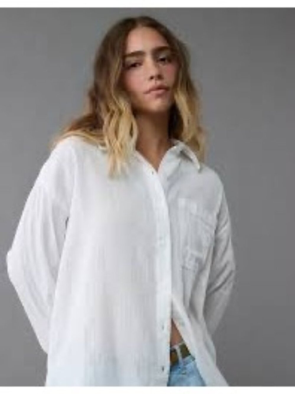 AE Perfect Button-Up Shirt White Size XL Linen Blend Minimalist Coastal Neutral